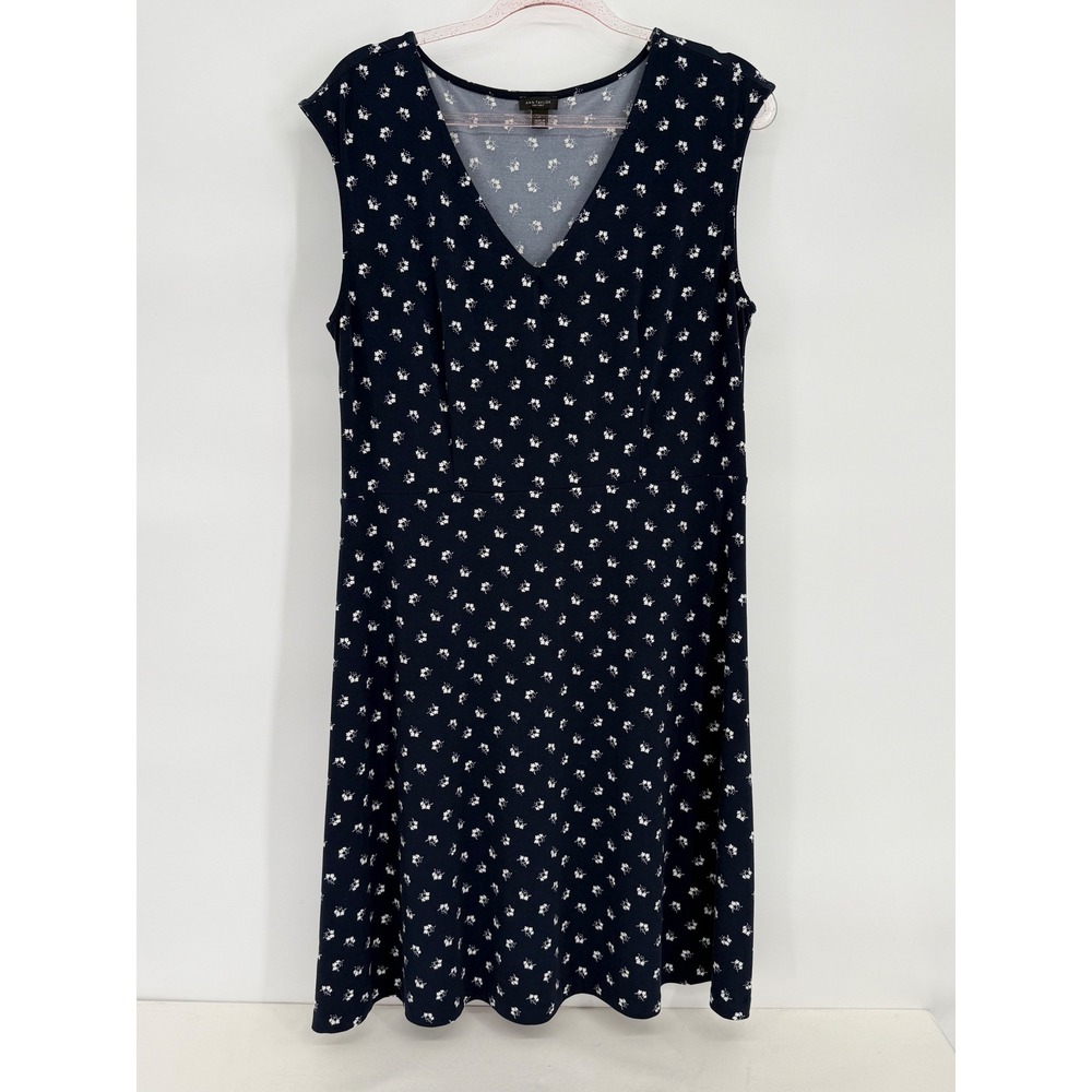 Ann Taylor Factory Navy Blue Floral V-Neck Sleeveless A-Line Dress Sz L